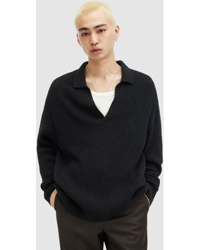 AllSaints Kanyon Organic Cotton Blend Long Sleeve Polo Shirt - Black