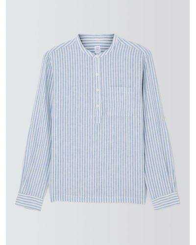 John Lewis Linen Striped Grandad Collar Beach Shirt - Blue