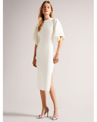 Ted Baker Lounia Fluted Sleeve Knitted Bodycon Midi Dress - Natural