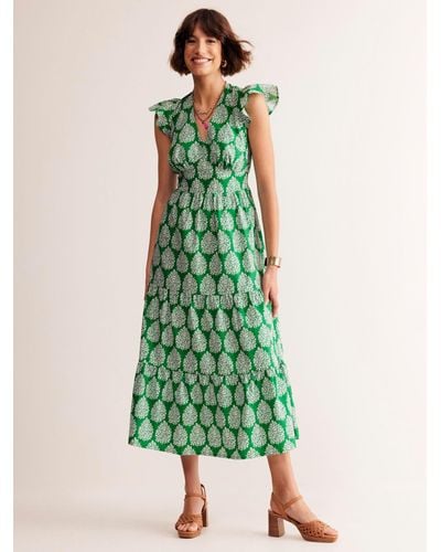 Boden May Floret Print Tiered Cotton Midi Dress - Green