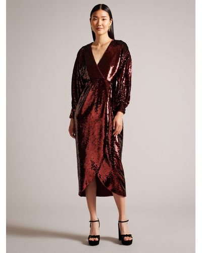 Ted Baker Emaleee Plunge Neck Sequin Midi Dress - Red