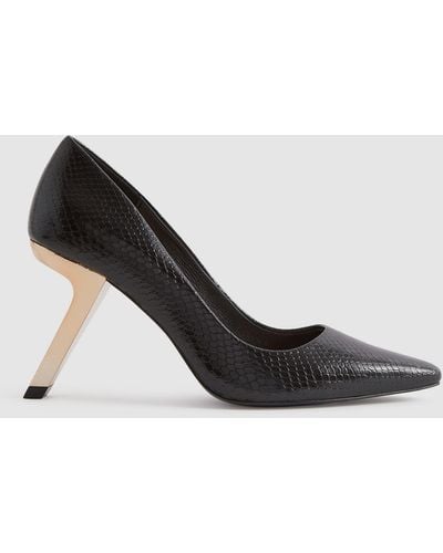 Reiss Monroe Leather Angled Heel Court Shoes - Black