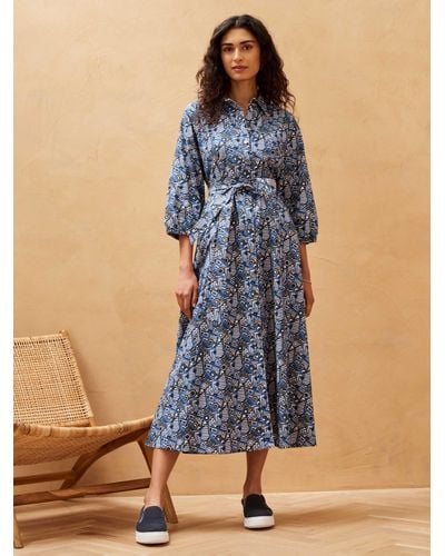 Brora Abstract Print Organic Cotton Midi Shirt Dress - Blue