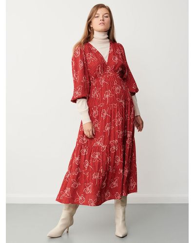 Finery London Maria Geometric Floral Midi Dress - Red