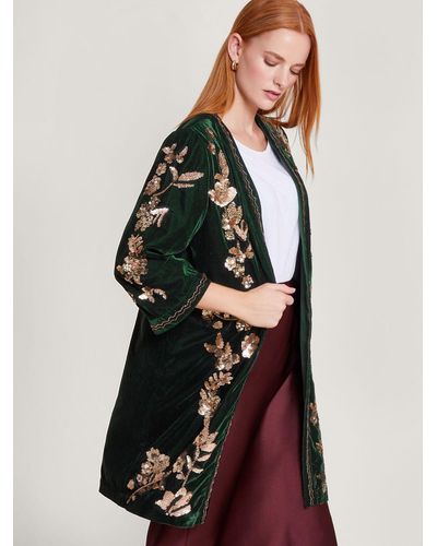 Monsoon Kiara Embroidered Velvet Kimono - Green