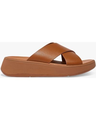 Fitflop F-mode Leather Cross Flatform Slides Sandals - Brown