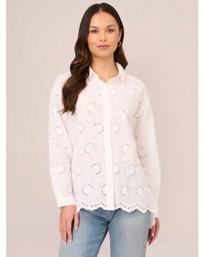 Adrianna Papell Eyelet Broderie Button Front Tunic Shirt - White