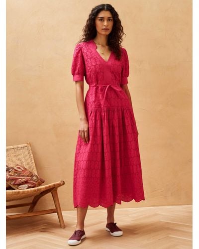 Brora Organic Cotton Broderie Anglaise Midi Dress - Red