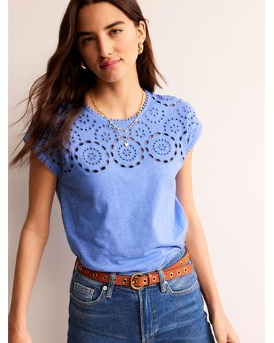 Boden Sasha Broderie Cotton T-shirt - Blue
