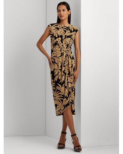 Ralph Lauren Lauren Reidly Palm Print Jersey Tie Front Midi Dress - Metallic