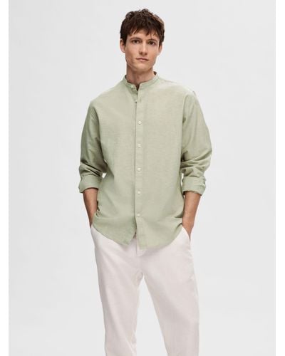 SELECTED Band Collar Linen Cotton Blend Shirt - Green