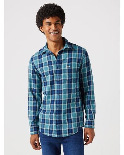 Wrangler Long Sleeve One Pocket Check Shirt - Blue