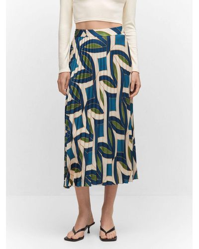 Mango Quanti Geometric Print Pleated Midi Skirt - Blue