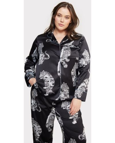 Chelsea Peers Curve Satin Tiger Print Long Pyjama Set - Black