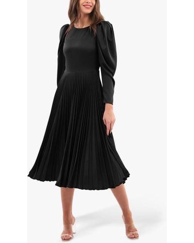 Closet Puff Sleeve Pleated Midi Dress - Black