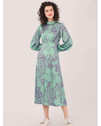 Closet Floral Print Roll Neck Puff Sleeve Midi Dress - Green