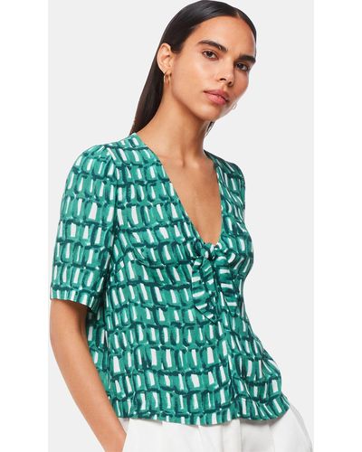 Whistles Linked Smudge Tie Front Top - Green