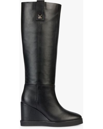 Geox Elidea Wide Fit Leather Wedge Heel Knee High Boots - Black