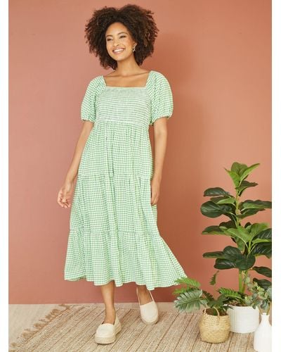 Yumi' Gingham Smock Midi Dress - Green