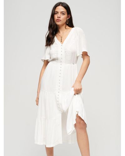 Superdry Embroidered Tiered Midi Dress - White