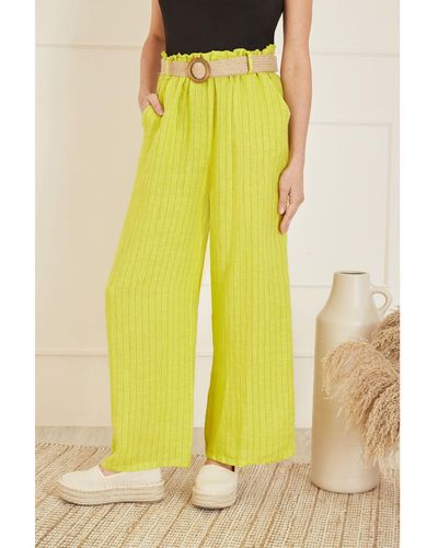 Yumi' Italian Linen Striped Wide Leg Trousers & Belt - Yellow