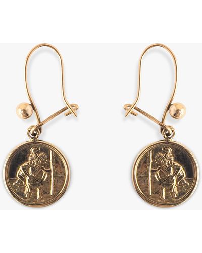 L & T Heirlooms Second Hand 9ct Yellow Gold St Christopher Drop Earrings - Metallic