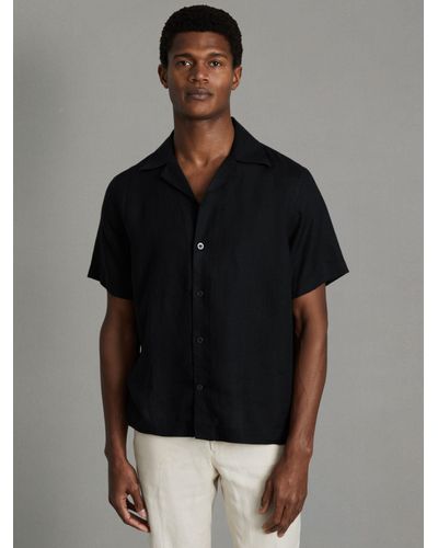 Reiss Beldi Linen Short Sleeve Cuban Shirt - Black