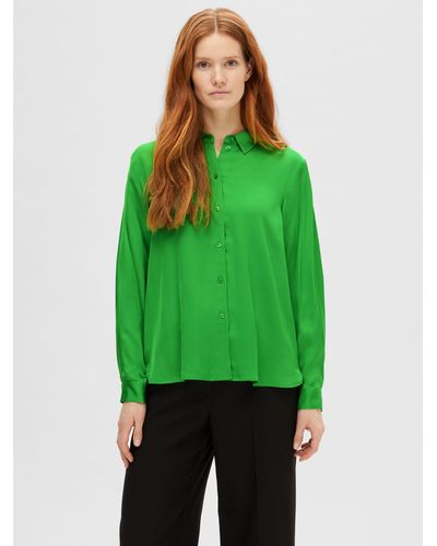 SELECTED Lena Long Sleeve Satin Shirt - Green