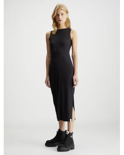 Calvin Klein Ribbed Cotton Blend Midi Dress - Black