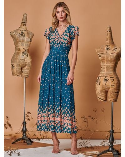 Jolie Moi Carlii Symmetrical Print Angel Sleeve Mesh Maxi Dress - Blue