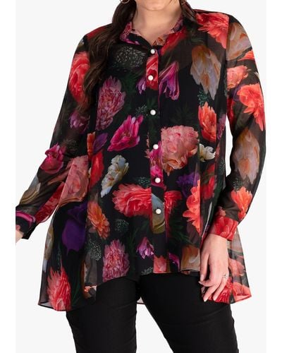 Chesca Chesa Rose Bouquet Print Blouse With Back Pleat Detail - Red