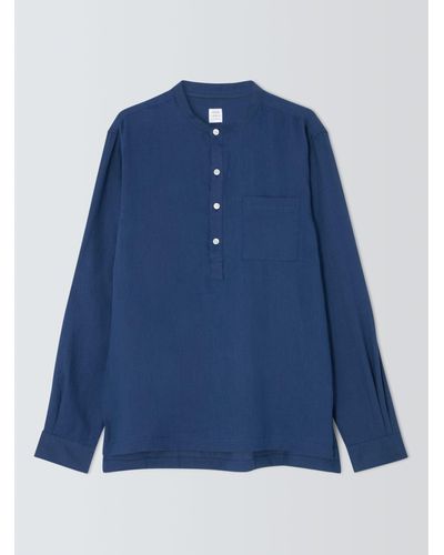 John Lewis Linen Plain Grandad Collar Beach Shirt - Blue
