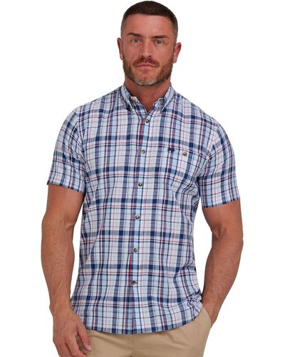 Raging Bull Short Sleeve Large Multi Check Linen Look Shirt - Blue