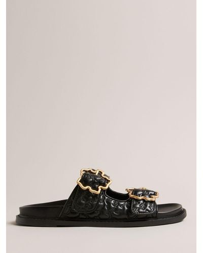 Ted Baker Rinnely Leather Quilted Magnolia Buckle Sandals - Black