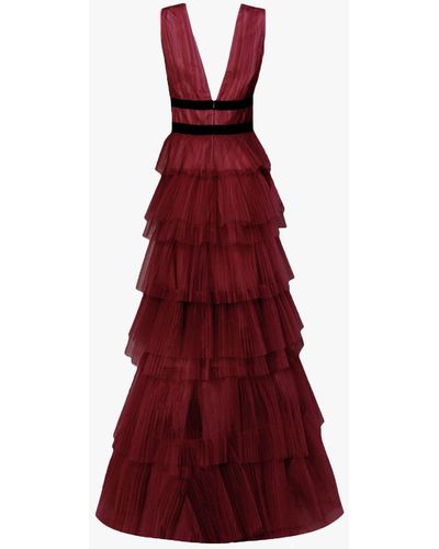 True Decadence Eliza Plunge Neck Layer Tulle Maxi Dress - Red