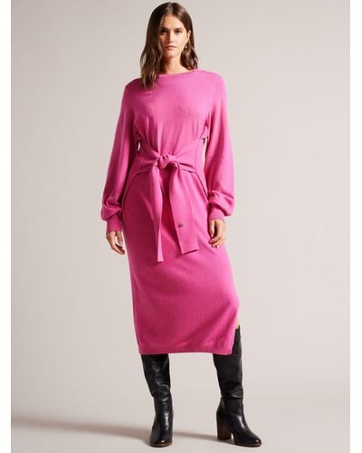 Ted Baker Slouchy Tie Front Midi Knit Dress - Pink
