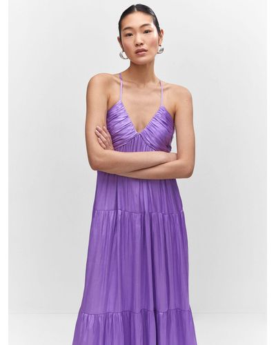 Mango Katy Ruched Maxi Tiered Satin Dress - Purple