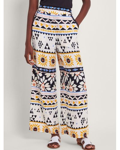 Monsoon Corey Abstract Print Wide Leg Trousers - White