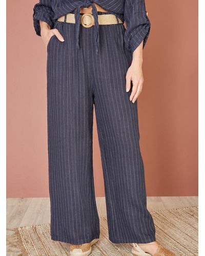Yumi' Italian Linen Striped Wide Leg Trousers & Belt - Blue