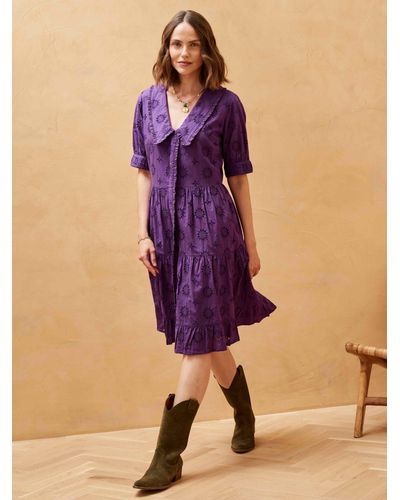 Brora Organic Cotton Broderie Anglaise Tiered Dress - Purple