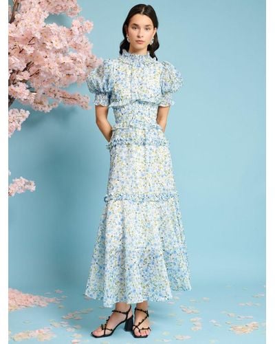 Sister Jane Corolla Floral Print Ruffle Detail Midi Dress - Blue