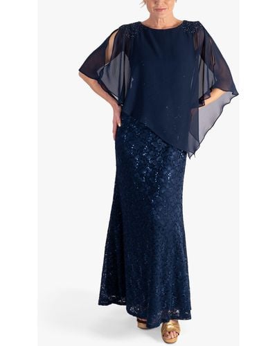 Chesca Sequin Lace Cape Maxi Dress - Blue