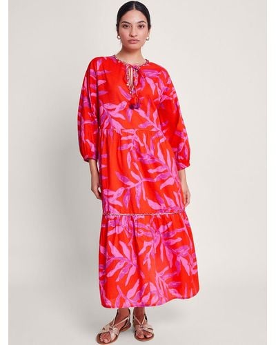 Monsoon Arissa Palm Print Kaftan Dress - Red