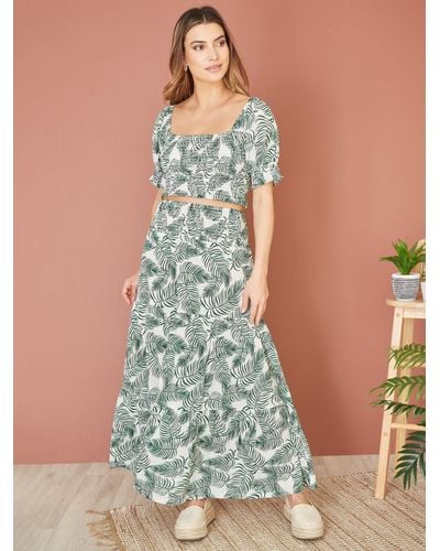 Yumi' Cotton Palm Leaf Print Ruched Waist Maxi Skirt - Blue