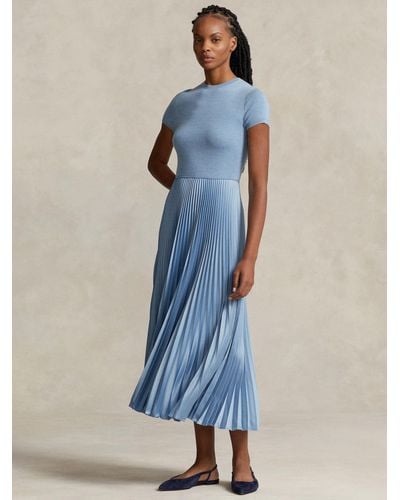 Ralph Lauren Polo Gloria Knit Bodice Pleated Dress - Blue