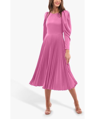Closet Puff Sleeve Pleated Midi Dress - Pink
