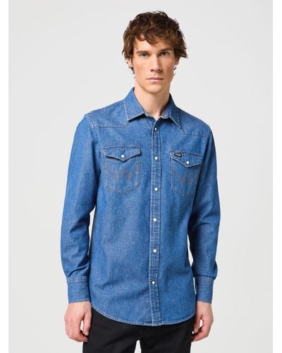 Wrangler Denim Long Sleeve Western Shirt - Blue