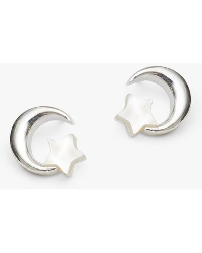 Simply Silver Sterling Silver Polished Moon And Mother Of Pearl Stud Earrings - Natural