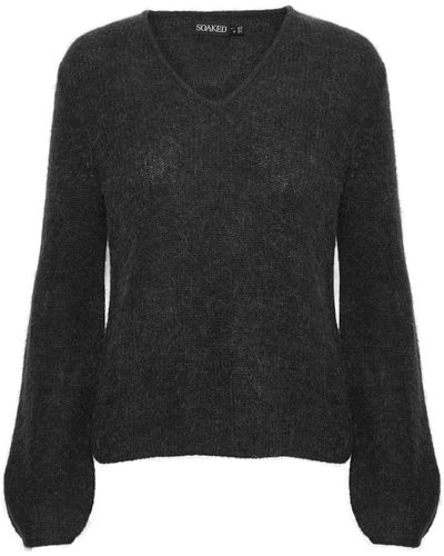 Soaked In Luxury Tuesday Long Sleeve V-neck Wool Jumper - Black
