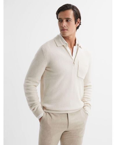 Reiss Fleetwood Wool Blend Half Zip Knitted Polo - White